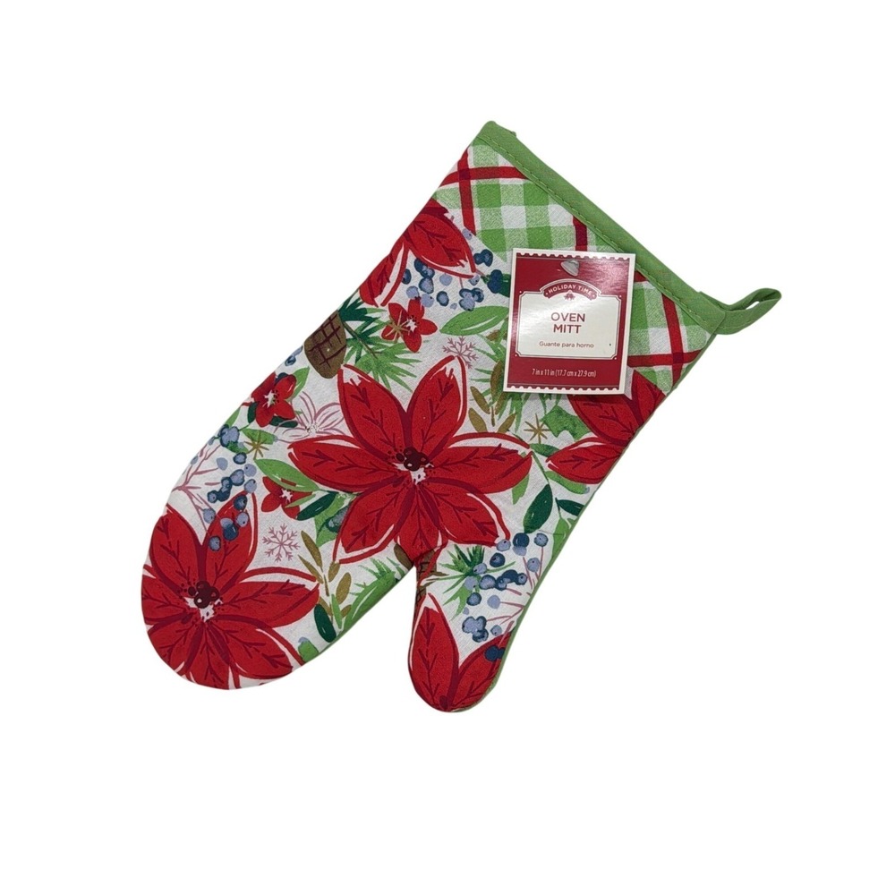 NWT Holiday Time Red Poinsettia Oven Mitt 7x11 Christmas Floral Kitchen Decor